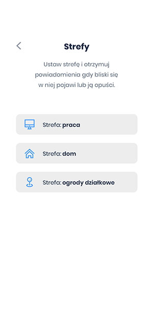 Widok funkcji stref lokalizacyjnych w aplikacji Bezpieczny Senior