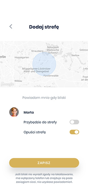 Widok funkcji stref lokalizacyjnych gps w aplikacji Bezpieczny Senior