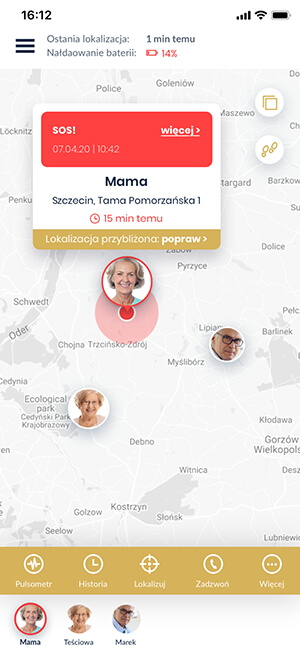 Widok funkcji sygnału sos w aplikacji Bezpieczny Senior