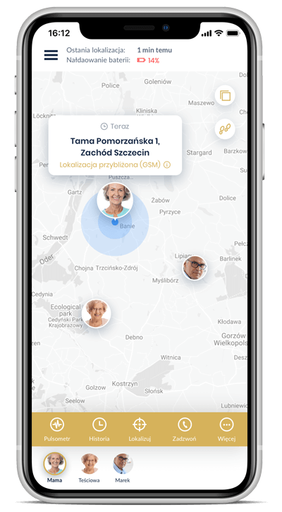 Widok aplikacji Bezpieczny Senior na smartfonie z lokalizacją babci