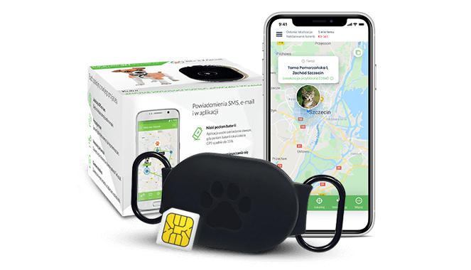 Lokalizator GPS dla kota z gumową obudową w kolorze czarnym z pudełkiem i kartą SIM