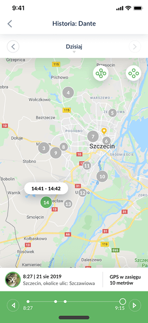 Widok aplikacji Bezpieczne Zwierzę z funkcją historia lokalizacji