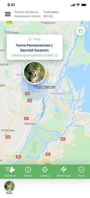Widok aplikacji Bezpieczne Zwierzę z funkcją lokalizacja 24/7