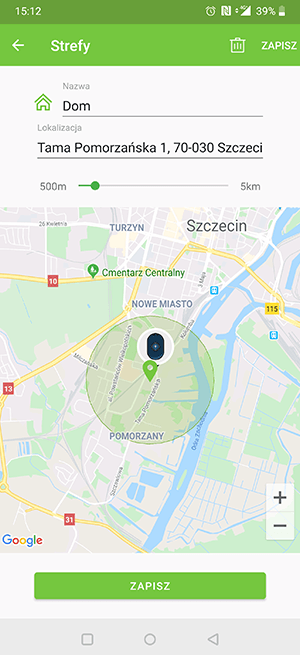 Widok aplikacji Bezpieczne Zwierzę z funkcją strefy bezpieczeństwa