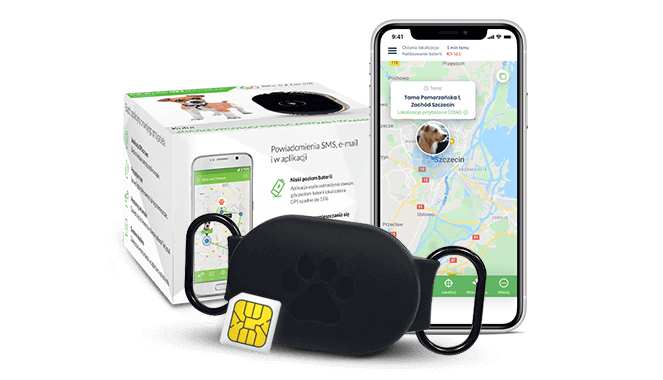 Lokalizator GPS dla psa z gumową obudową w kolorze czarnym z pudełkiem i kartą SIM
