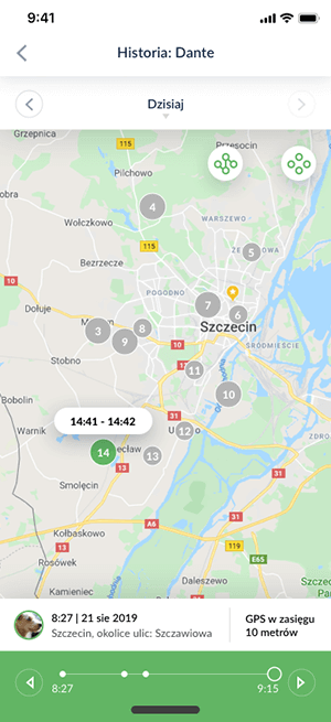 Widok aplikacji Bezpieczne Zwierzę z funkcją historia lokalizacji