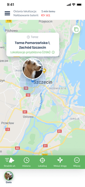 Widok aplikacji Bezpieczne Zwierzę z funkcją lokalizacja 24/7