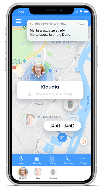 Widok aplikacji Bezpieczna Rodzina lokalizujących dzieci z użyciem GPS