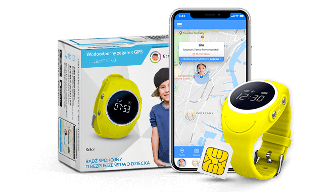 Zegarek dla dziecka z GPS w kolorze żółtym z aplikacją Bezpieczna Rodzina oraz kartą SIM