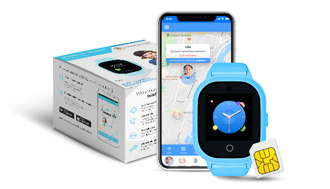 Zegarek z GPS w kolorze niebieskim z aplikacją Bezpieczna Rodzina oraz kartą SIM
