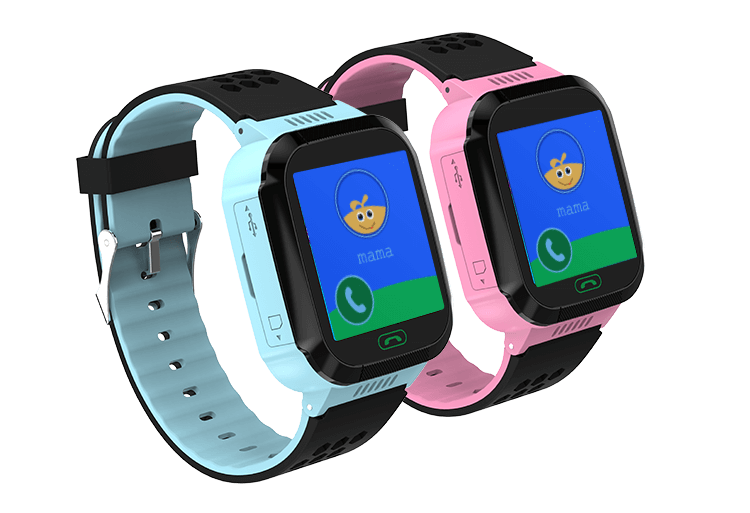 Smartwatch GPS dla dziecka w kolorach niebieski i różowy z kolorowymi wyświetlaczami