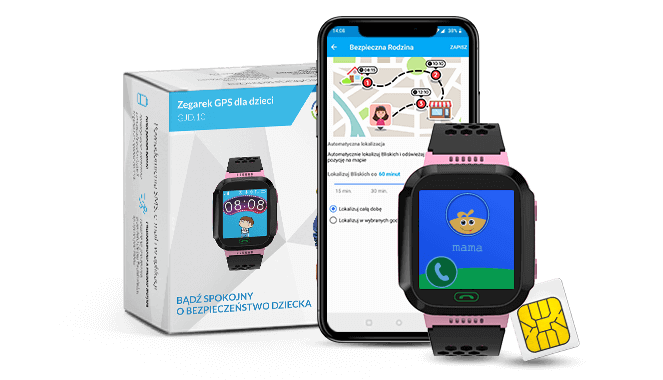 Smartwatch GPS dla dziecka w kolorze różwym z aplikacją Bezpieczna Rodzina oraz kartą SIM