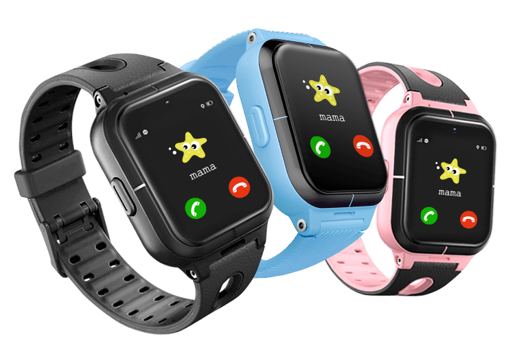 Smartwatch z GPS dla dziecka w kolorach niebieski, różowy, czarny z kolorowymi wyświetlaczami