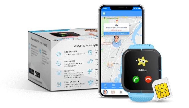 Smartwatch z GPS dla dziecka w kolorze niebieskim z aplikacją Bezpieczna Rodzina oraz kartą SIM