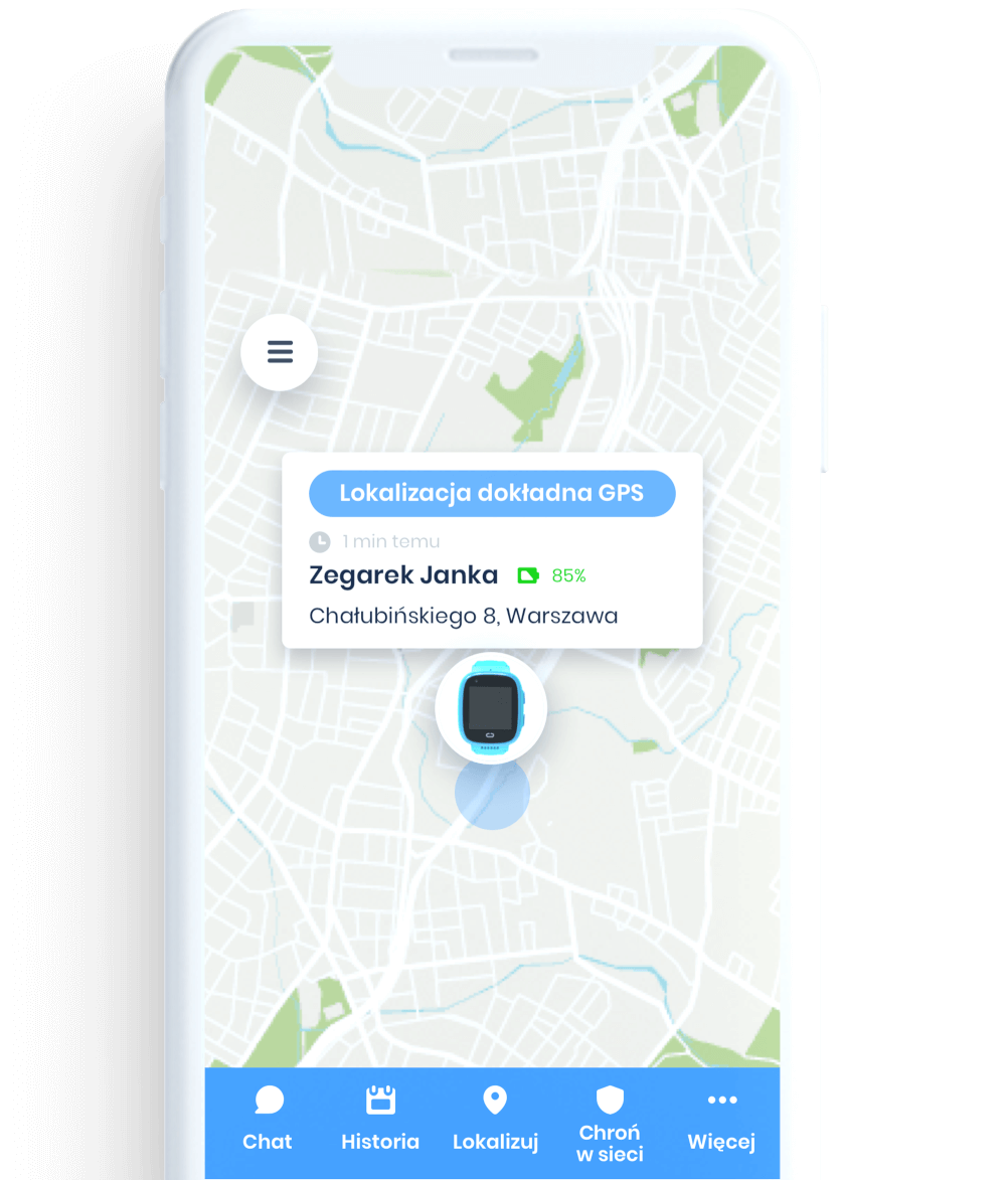 screen-z-aplikacji-bezpieczna-rodzina-lokalizacja-dziecka Widok białego telefonu ze screenem z aplikacji Bezpieczna Rodzina przedstawiającego mapę z zaznaczonym miejscem, w którym znajduje się dziecko z zegarkiem GPS LocoWatch