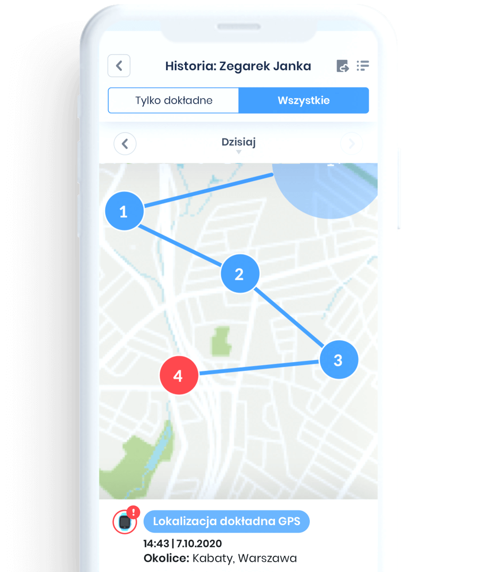 screen-z-aplikacji-bezpieczna-rodzina-funkcja-strefy-bezpieczenstwa Screen z funkcji strefy bezpieczeństwa w aplikacji Bezpieczna Rodzina przedstawiający mapę z wyznaczoną bezpieczną strefą dom i informacją o opuszczeniu strefy przez dziecko